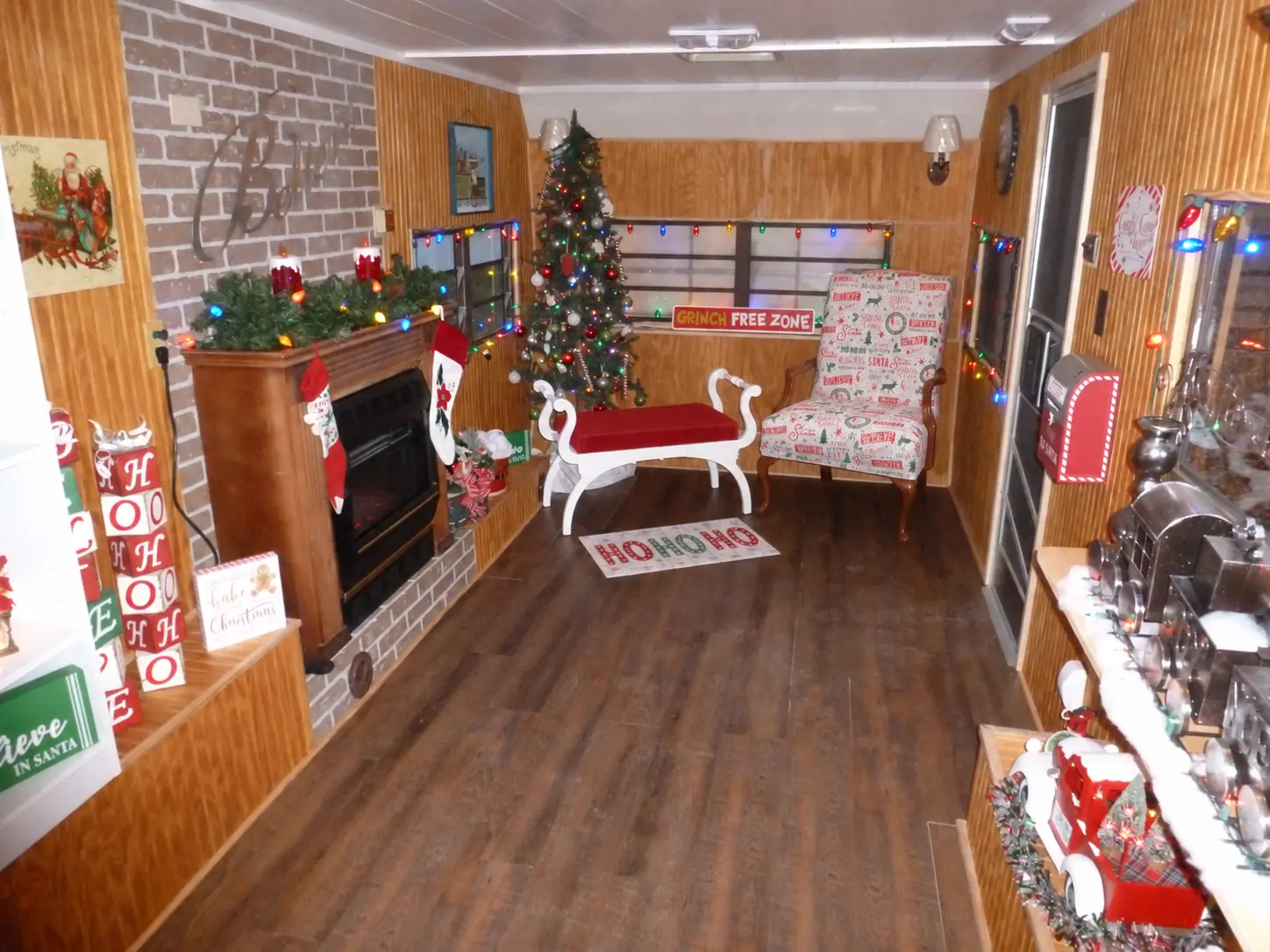 The decorated interior of Santa Skip's mobile Christmas cabin