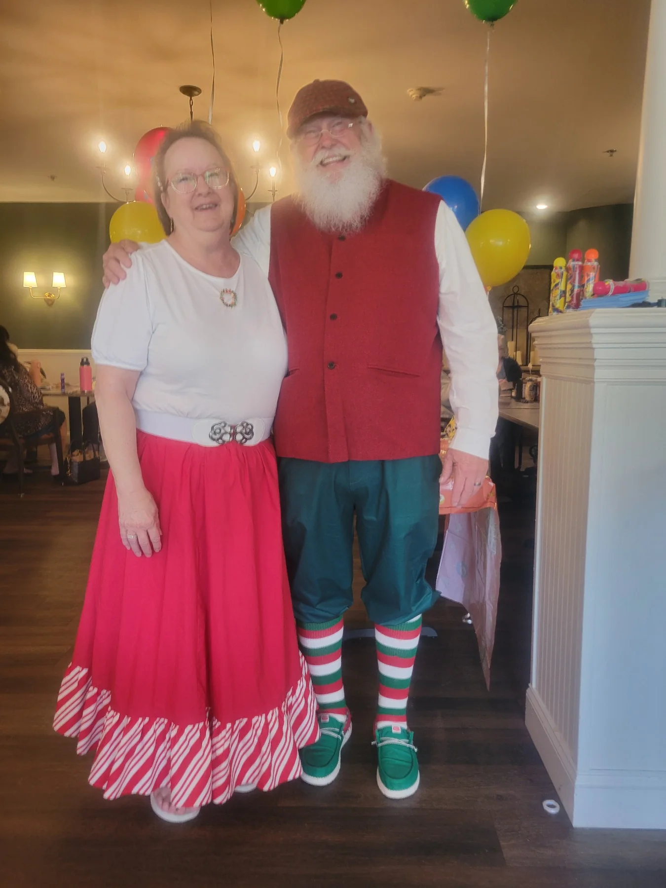 Santa Skip and Mrs. Claus in casual year-round Christmas outfits