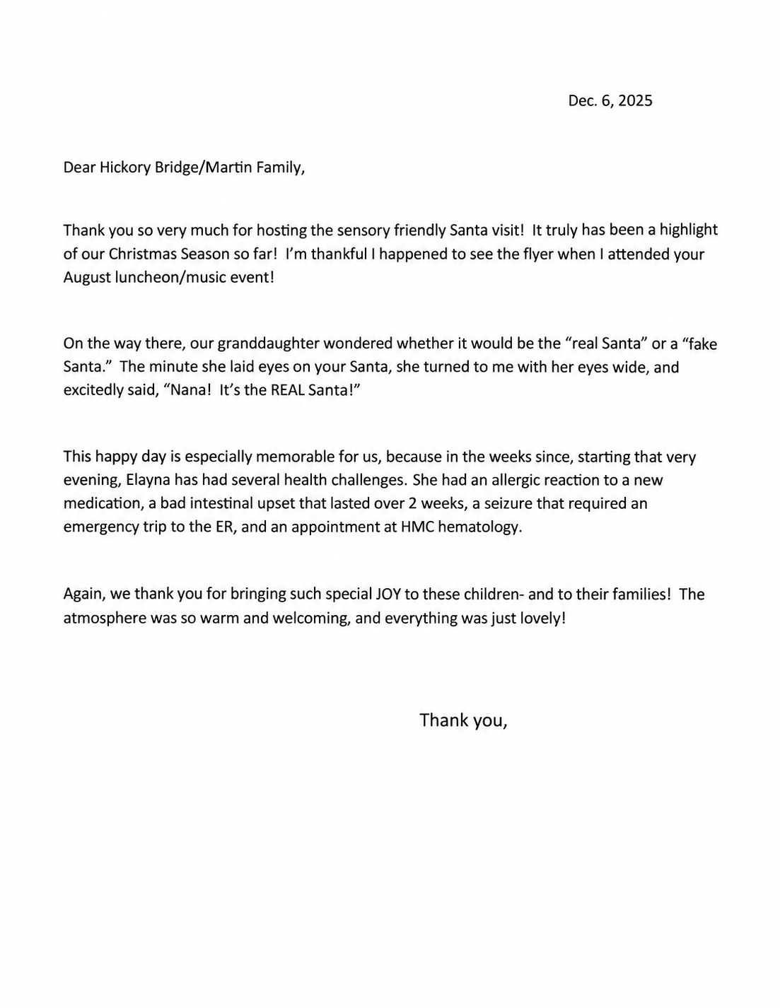 December 6, 2025 family thank-you letter about a sensory-friendly Santa visit