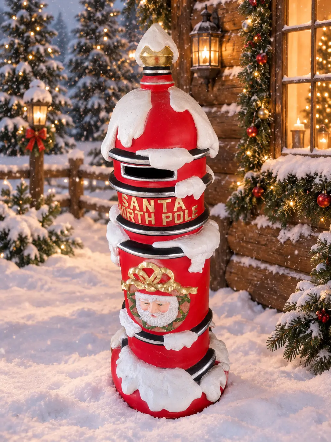 Santa's red North Pole mailbox in a snowy Christmas setting beside the cabin