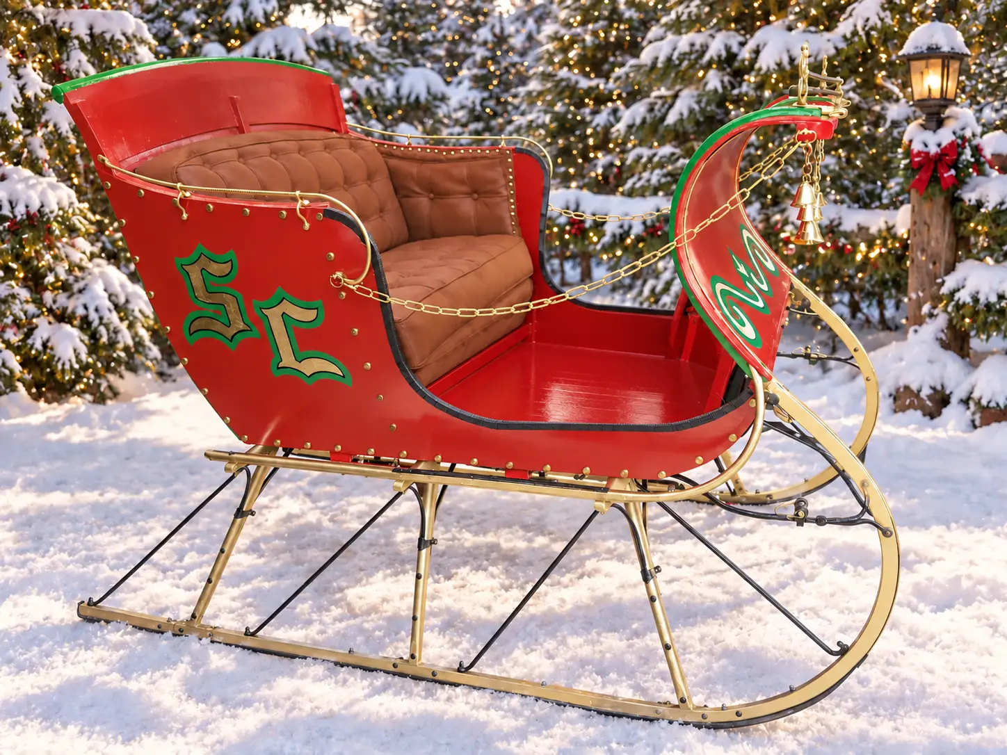Santa Skip’s red and gold Christmas sleigh